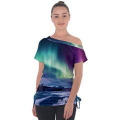 Northern Lights Aurora Night Nature Off Shoulder Tie-up T-shirt