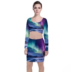 Northern Lights Aurora Night Nature Long Sleeve Crop Top & Bodycon Skirt Set