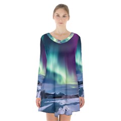 Northern Lights Aurora Night Nature Long Sleeve Velvet V-neck Dress