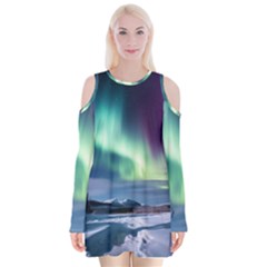 Northern Lights Aurora Night Nature Velvet Long Sleeve Shoulder Cutout Dress