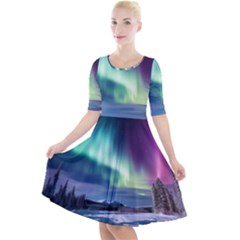 Northern Lights Aurora Night Nature Quarter Sleeve A-line Dress With Pockets