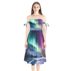 Northern Lights Aurora Night Nature Shoulder Tie Bardot Midi Dress