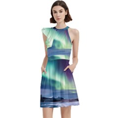 Northern Lights Aurora Night Nature Cocktail Party Halter Sleeveless Dress With Pockets