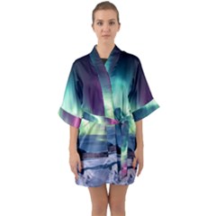 Northern Lights Aurora Night Nature Half Sleeve Satin Kimono 