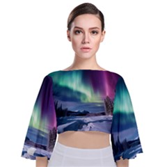 Northern Lights Aurora Night Nature Tie Back Butterfly Sleeve Chiffon Top