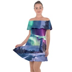 Northern Lights Aurora Night Nature Off Shoulder Velour Dress