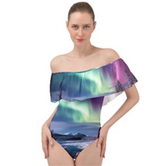 Northern Lights Aurora Night Nature Off Shoulder Velour Bodysuit 