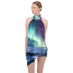 Northern Lights Aurora Night Nature Halter Asymmetric Satin Top