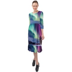 Northern Lights Aurora Night Nature Ruffle End Midi Chiffon Dress