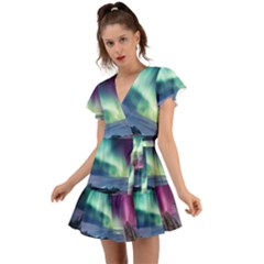 Northern Lights Aurora Night Nature Flutter Sleeve Wrap Dress