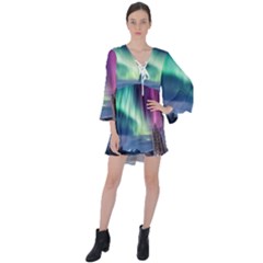 Northern Lights Aurora Night Nature V-neck Flare Sleeve Mini Dress