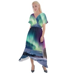 Northern Lights Aurora Night Nature Cross Front Sharkbite Hem Maxi Dress