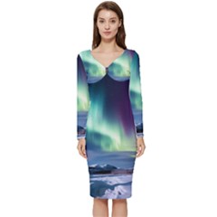 Northern Lights Aurora Night Nature Long Sleeve V-neck Bodycon Dress 