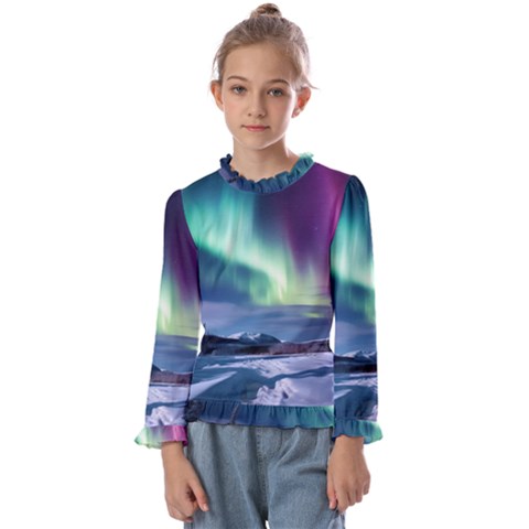 Northern Lights Aurora Night Nature Kids  Frill Detail T-shirt by Posterlux