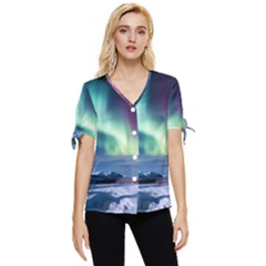 Northern Lights Aurora Night Nature Bow Sleeve Button Up Top