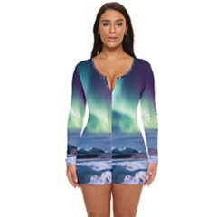 Northern Lights Aurora Night Nature Long Sleeve Boyleg Swimsuit