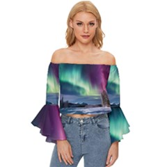 Northern Lights Aurora Night Nature Off Shoulder Flutter Bell Sleeve Top