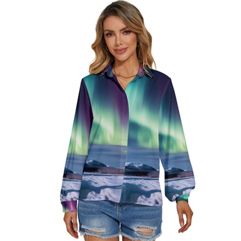 Northern Lights Aurora Night Nature Women s Long Sleeve Button Up Shirt by Posterlux