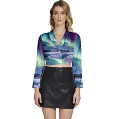 Northern Lights Aurora Night Nature Long Sleeve Tie Back Satin Wrap Top