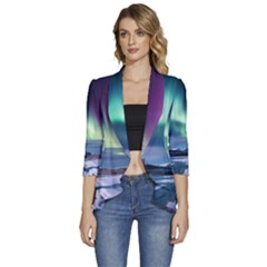 Northern Lights Aurora Night Nature Women s 3/4 Sleeve Ruffle Edge Open Front Jacket