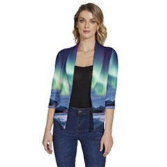 Northern Lights Aurora Night Nature Women s Draped Front 3/4 Sleeve Shawl Collar Jacket