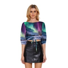 Northern Lights Aurora Night Nature Mid Sleeve Drawstring Hem Top