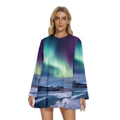 Northern Lights Aurora Night Nature Round Neck Long Sleeve Bohemian Style Chiffon Mini Dress