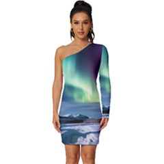 Northern Lights Aurora Night Nature Long Sleeve One Shoulder Mini Dress