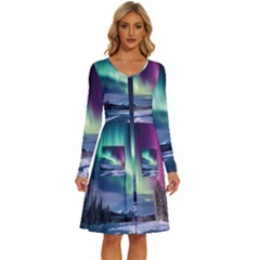 Northern Lights Aurora Night Nature Long Sleeve Dress With Pocket