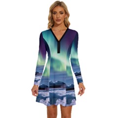 Northern Lights Aurora Night Nature Long Sleeve Deep V Mini Dress 