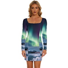 Northern Lights Aurora Night Nature Long Sleeve Square Neck Bodycon Velvet Dress