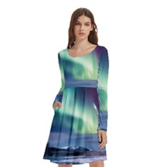 Northern Lights Aurora Night Nature Long Sleeve Knee Length Skater Dress With Pockets