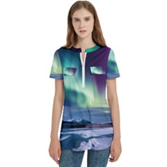 Northern Lights Aurora Night Nature Women s Zip Front V-neck Short Sleeve Casual Top Pocket Shirt