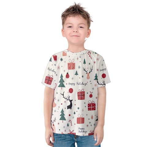 Happy Holiday Xmas Christmas Pattern Kids  Cotton T-shirt by Paksenen