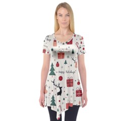 Happy Holiday Xmas Christmas Pattern Short Sleeve Tunic 