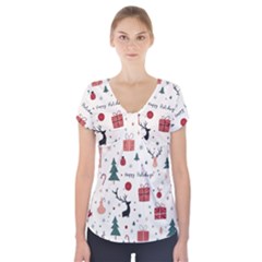 Happy Holiday Xmas Christmas Pattern Short Sleeve Front Detail Top