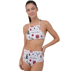 Happy Holiday Xmas Christmas Pattern Halter Tankini Set by Paksenen