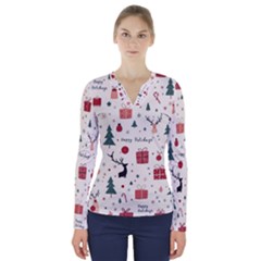 Happy Holiday Xmas Christmas Pattern V-neck Long Sleeve Top