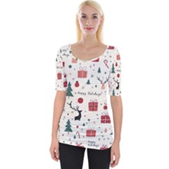 Happy Holiday Xmas Christmas Pattern Wide Neckline T-shirt