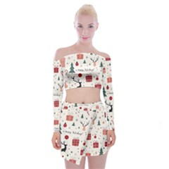 Happy Holiday Xmas Christmas Pattern Off Shoulder Top With Mini Skirt Set