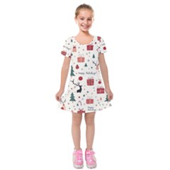 Happy Holiday Xmas Christmas Pattern Kids  Short Sleeve Velvet Dress