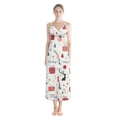 Happy Holiday Xmas Christmas Pattern Button Up Chiffon Maxi Dress