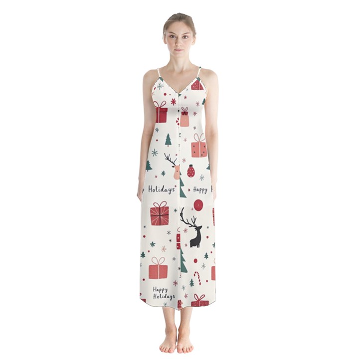 Happy Holiday Xmas Christmas Pattern Button Up Chiffon Maxi Dress