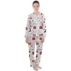 Happy Holiday Xmas Christmas Pattern Women s Long Sleeve Satin Pajamas Set