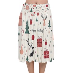 Happy Holiday Xmas Christmas Pattern Velvet Flared Midi Skirt