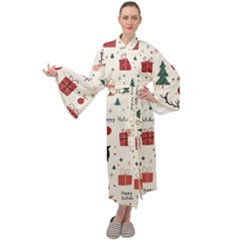 Happy Holiday Xmas Christmas Pattern Maxi Velvet Kimono