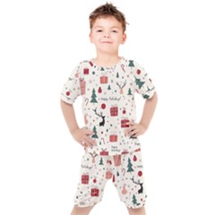 Happy Holiday Xmas Christmas Pattern Kids  T-shirt And Shorts Set by Paksenen