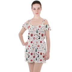 Happy Holiday Xmas Christmas Pattern Ruffle Cut Out Chiffon Playsuit