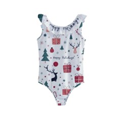 Happy Holiday Xmas Christmas Pattern Kids  Frill Swimsuit