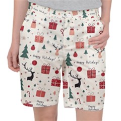 Happy Holiday Xmas Christmas Pattern Women s Pocket Shorts by Paksenen